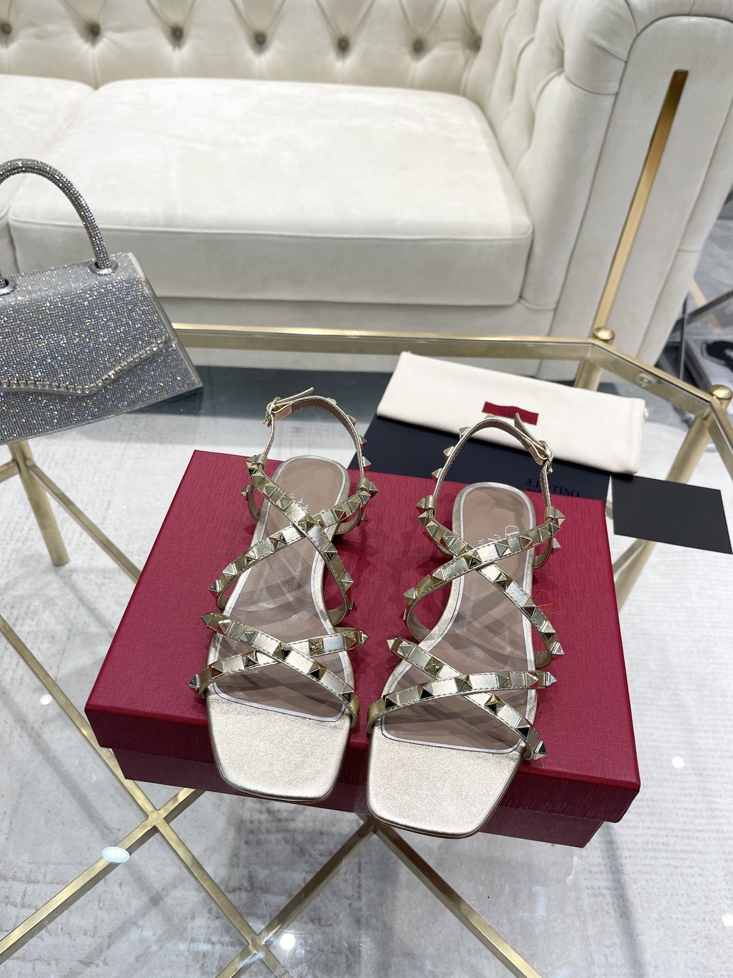 Rockstud 1cm Square Toe Rose Cannelle and Gold Leather Sandals