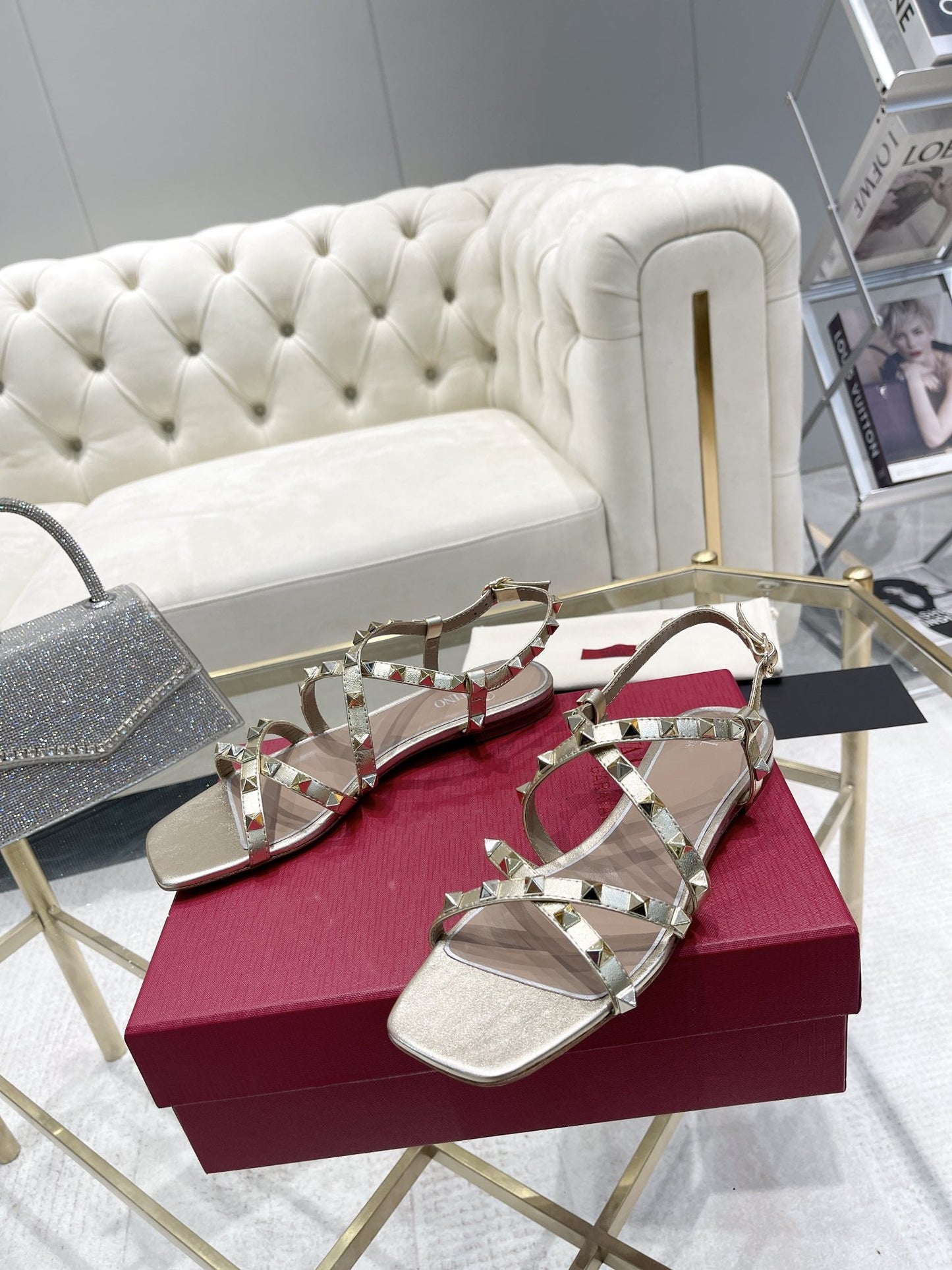 Rockstud 1cm Square Toe Rose Cannelle and Gold Leather Sandals