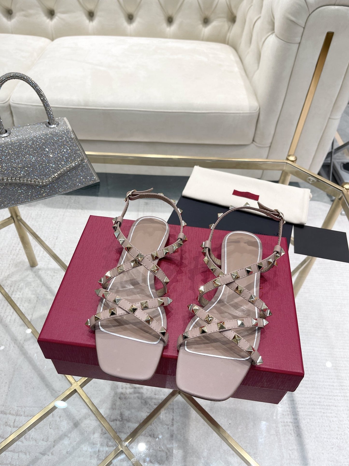 Rockstud 1cm Square Toe Rose Cannelle Leather Sandals