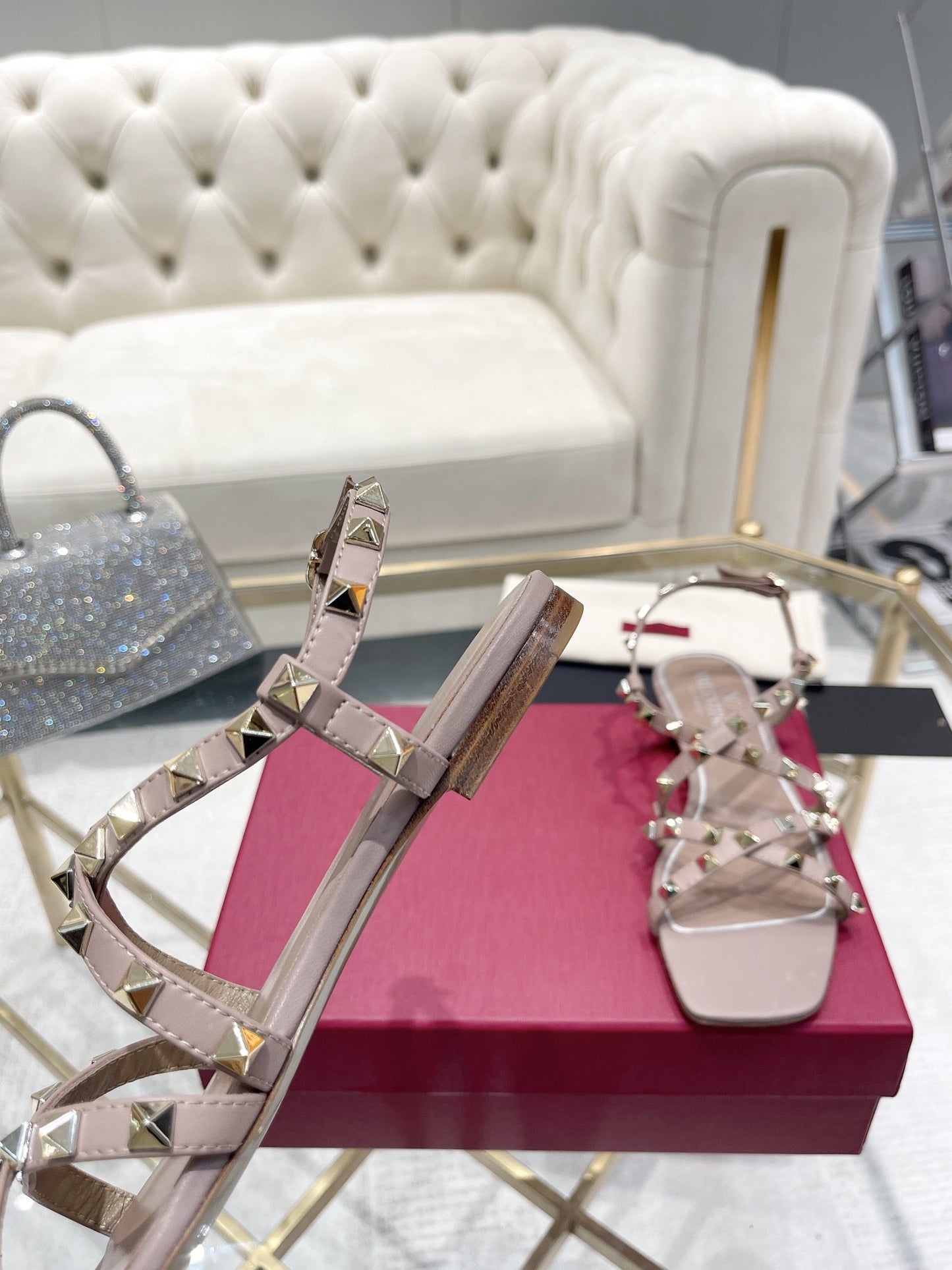 Rockstud 1cm Square Toe Rose Cannelle Leather Sandals