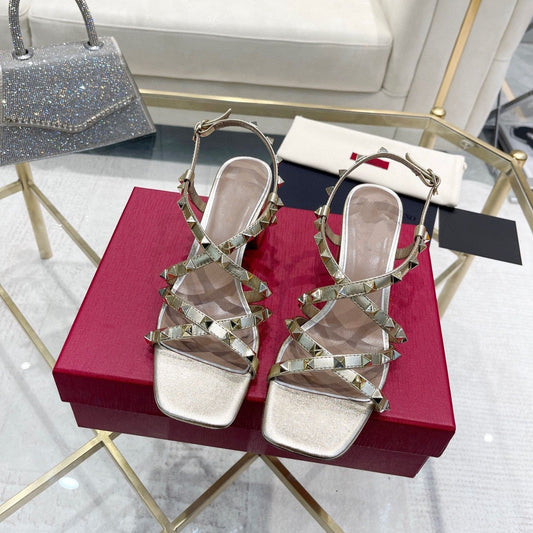 Rockstud 6cm Square Toe Rose Cannelle and Gold Leather Sandals