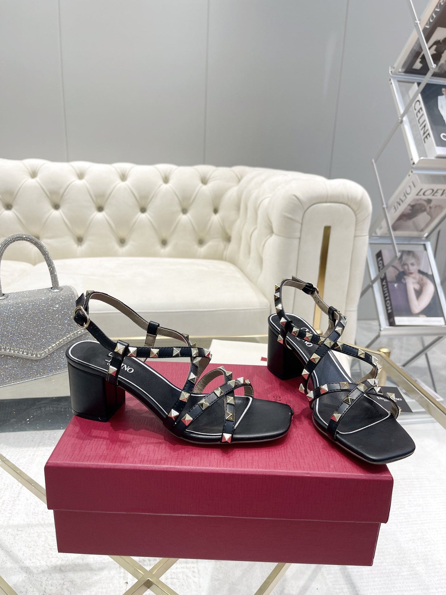 Rockstud 6cm Square Toe Black Leather Sandals