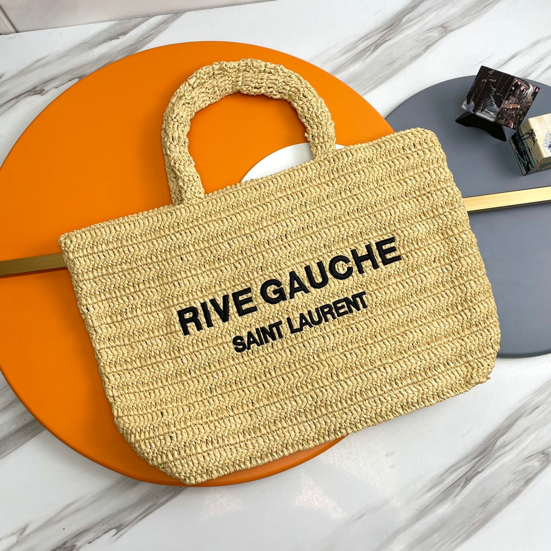 RIVE GAUCHE TOTE BAG 38 IN LIGHT YELLOW RAFFIA