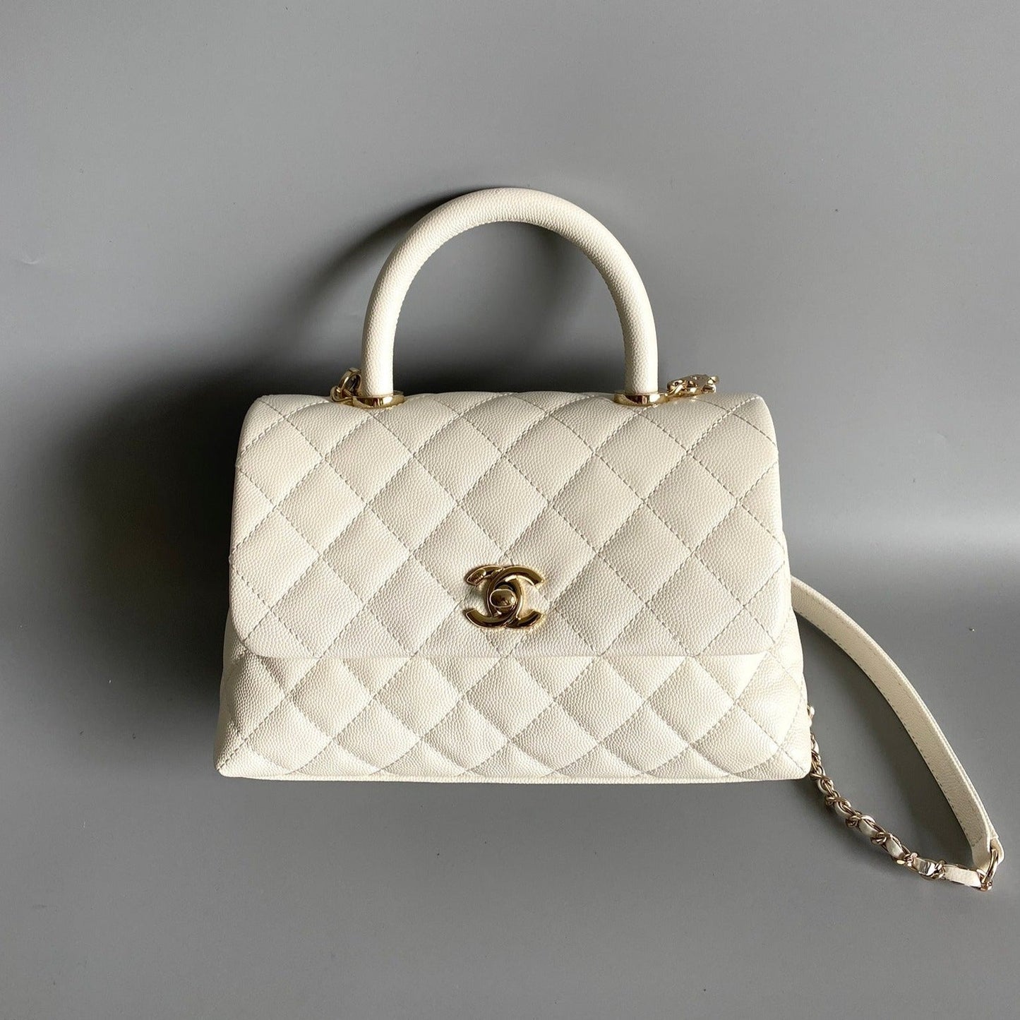 coco handle flap bag 23cm white quilted caviar light gold hardware