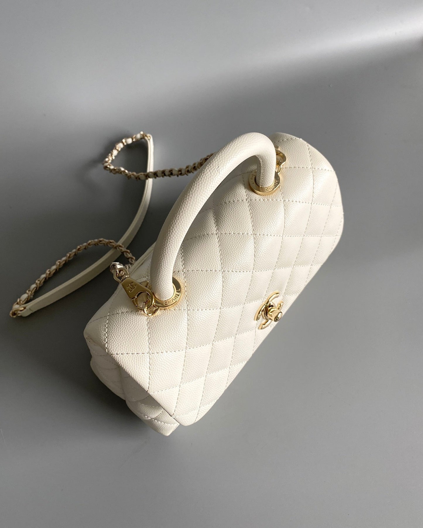 coco handle flap bag 23cm white quilted caviar light gold hardware