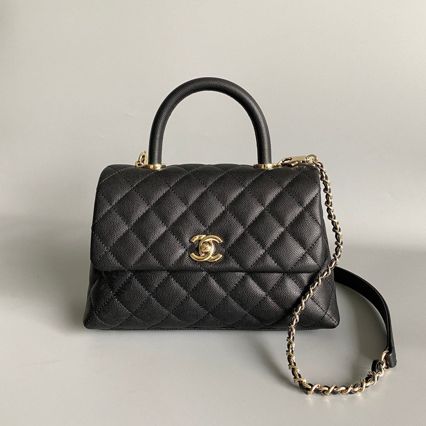 coco handle flap bag 23cm black quilted caviar light gold hardware