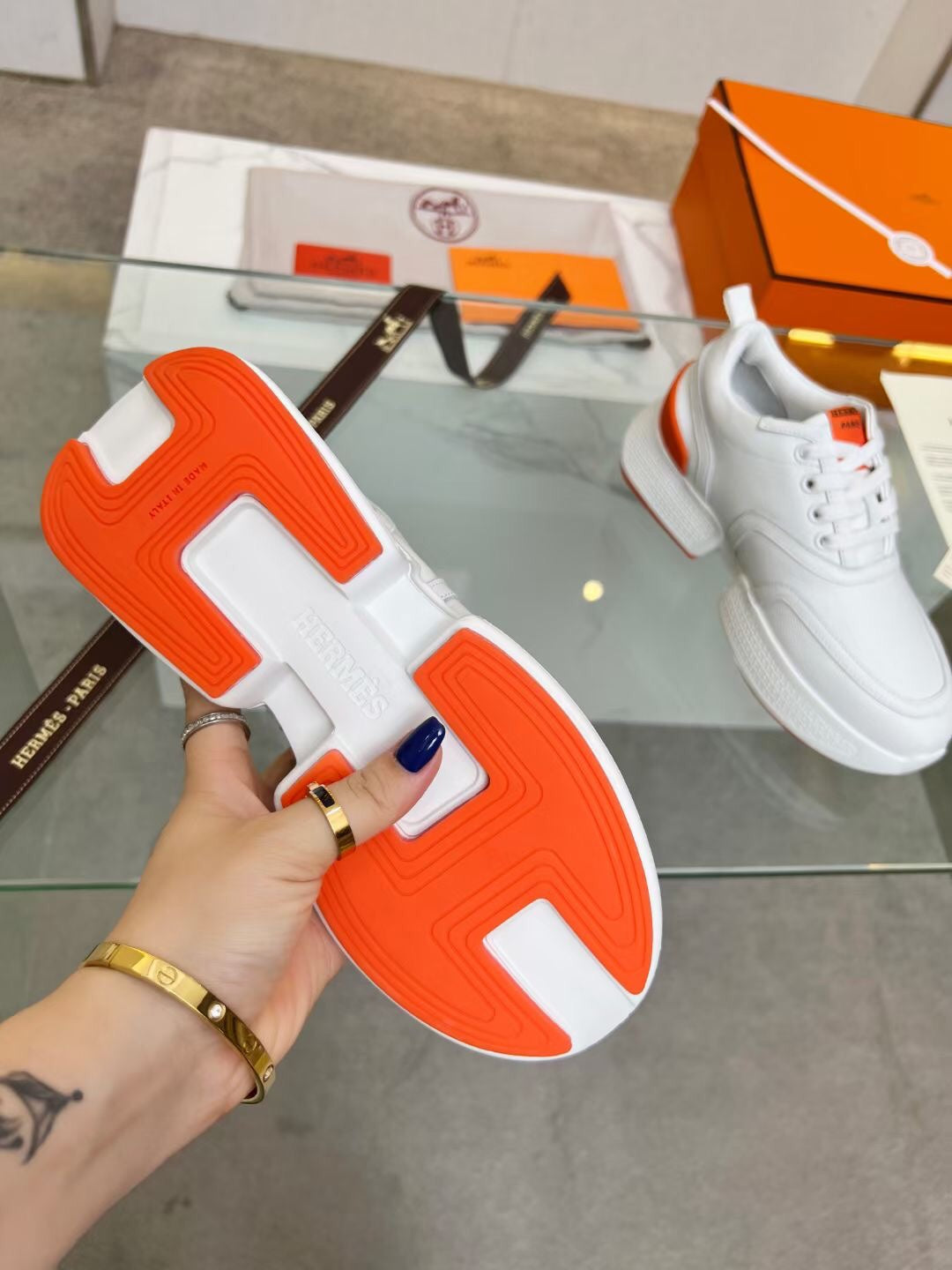 HM Giga 50 Sneaker White Goatskin Orange