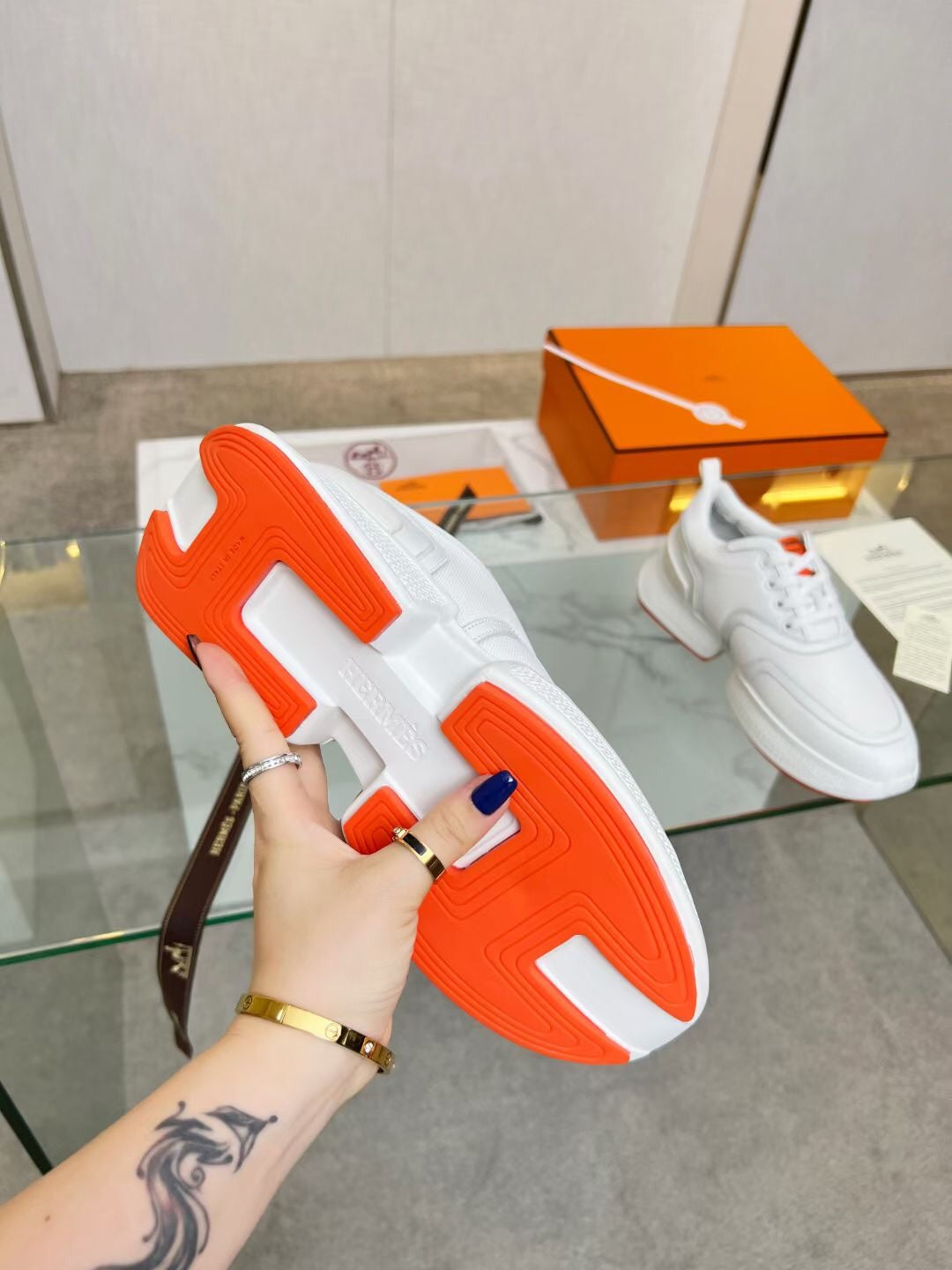 HM Giga 50 Sneaker White Canvas & Goatskin Orange