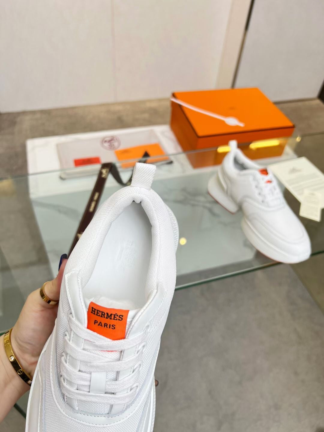 HM Giga 50 Sneaker White Canvas & Goatskin Orange