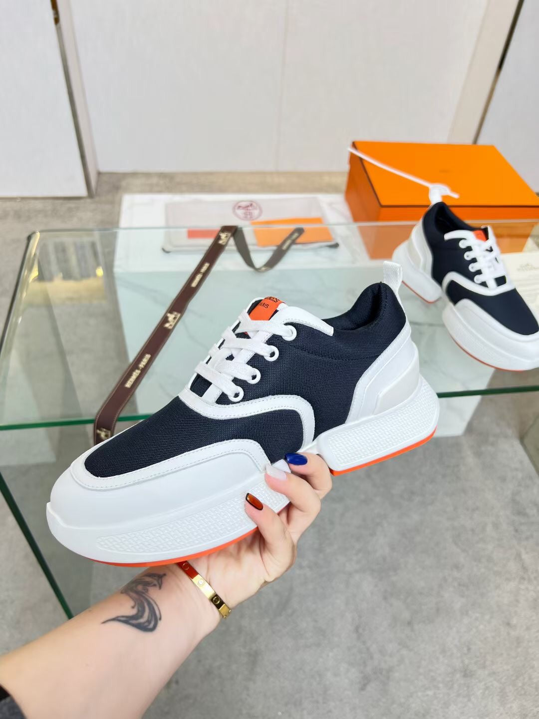 HM Giga 50 Sneaker Navy Canvas White Goatskin Orange