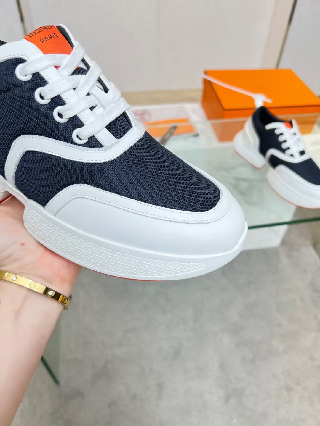 HM Giga 50 Sneaker Navy Canvas White Goatskin Orange