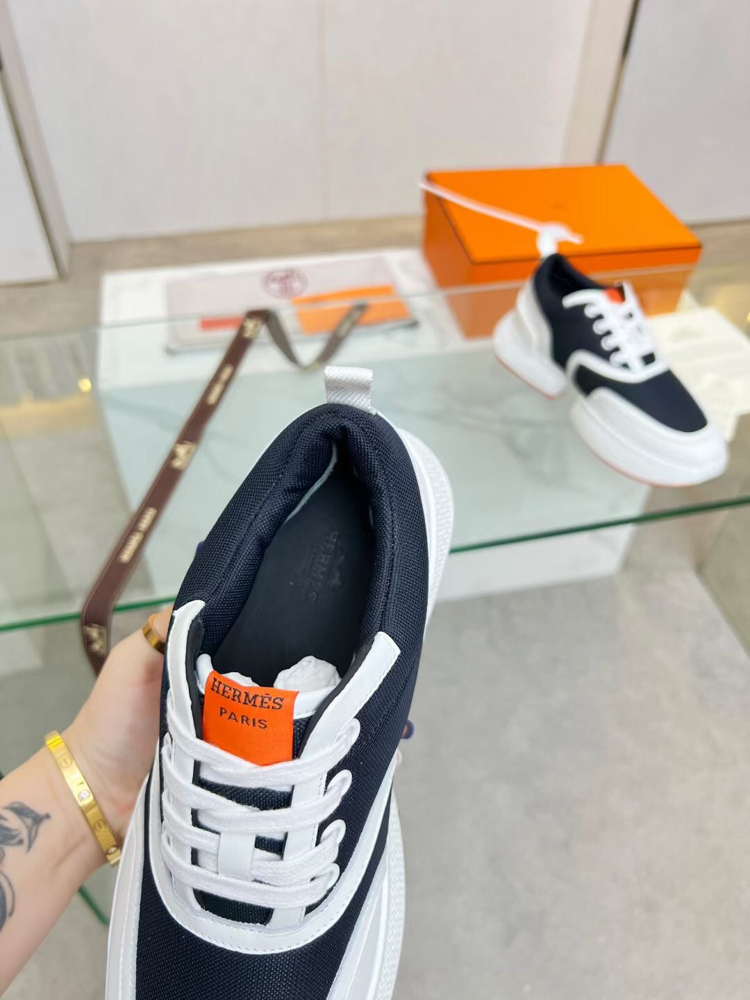 HM Giga 50 Sneaker Navy Canvas White Goatskin Orange