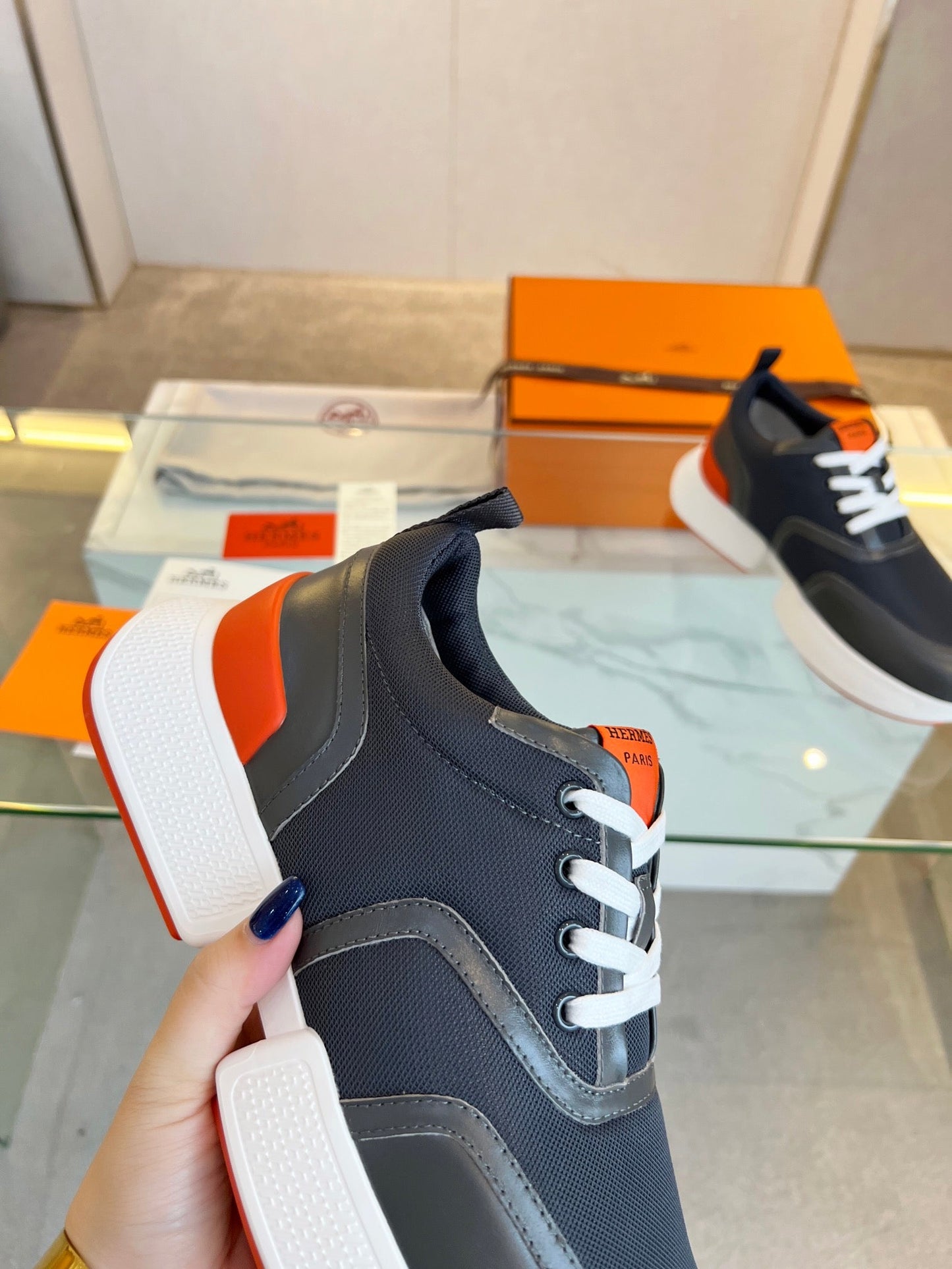 HM Giga 50 Sneaker Blue Canvas Black Goatskin Orange