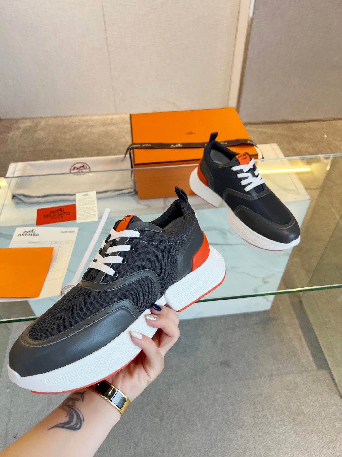 HM Giga 50 Sneaker Blue Canvas Black Goatskin Orange