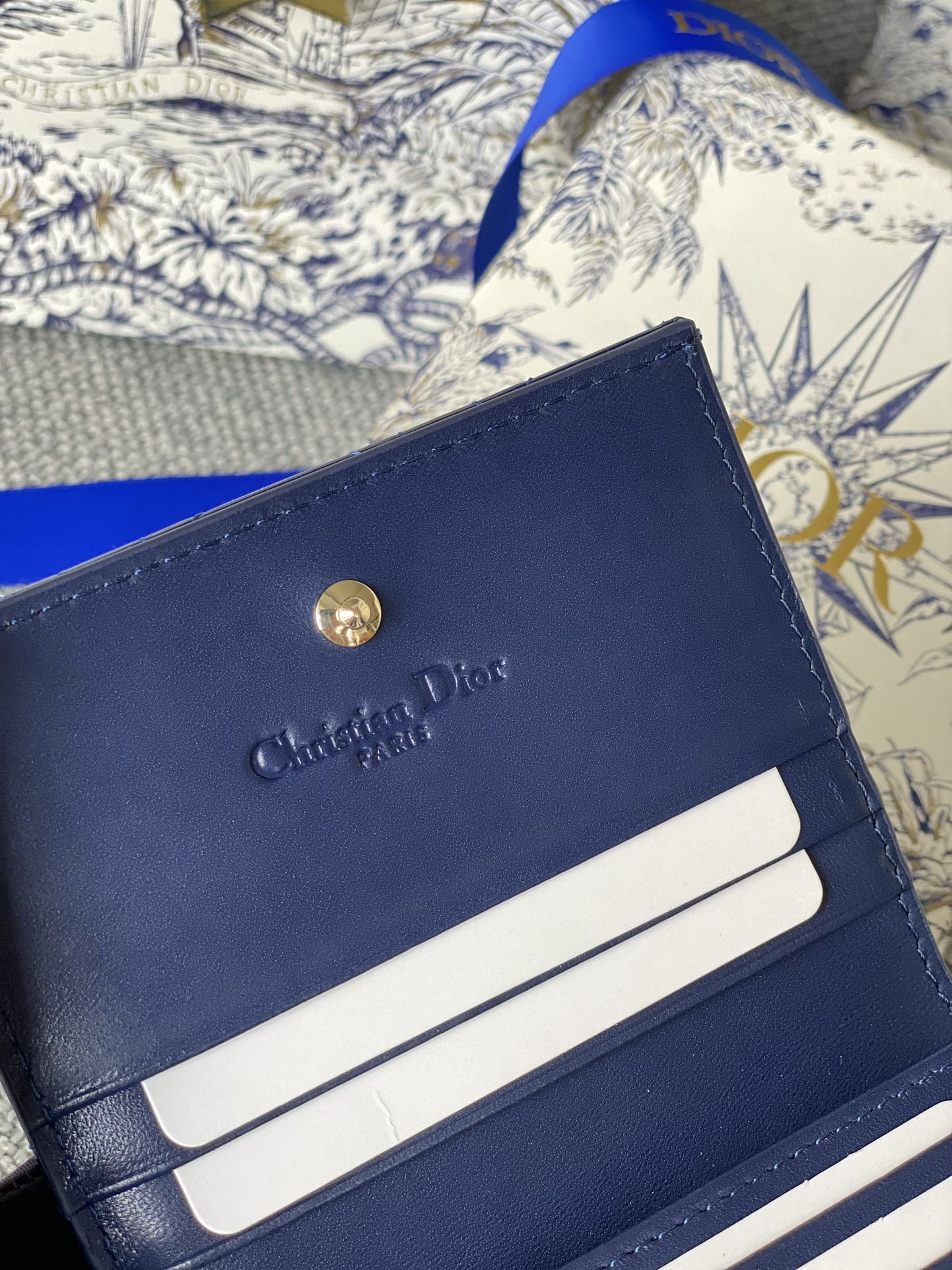 CD Caro 11cm Compact Wallet Shiny Blue Calfskin