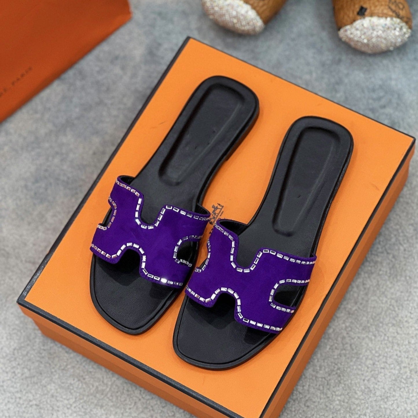 0ran sandal purple black suede goatskin