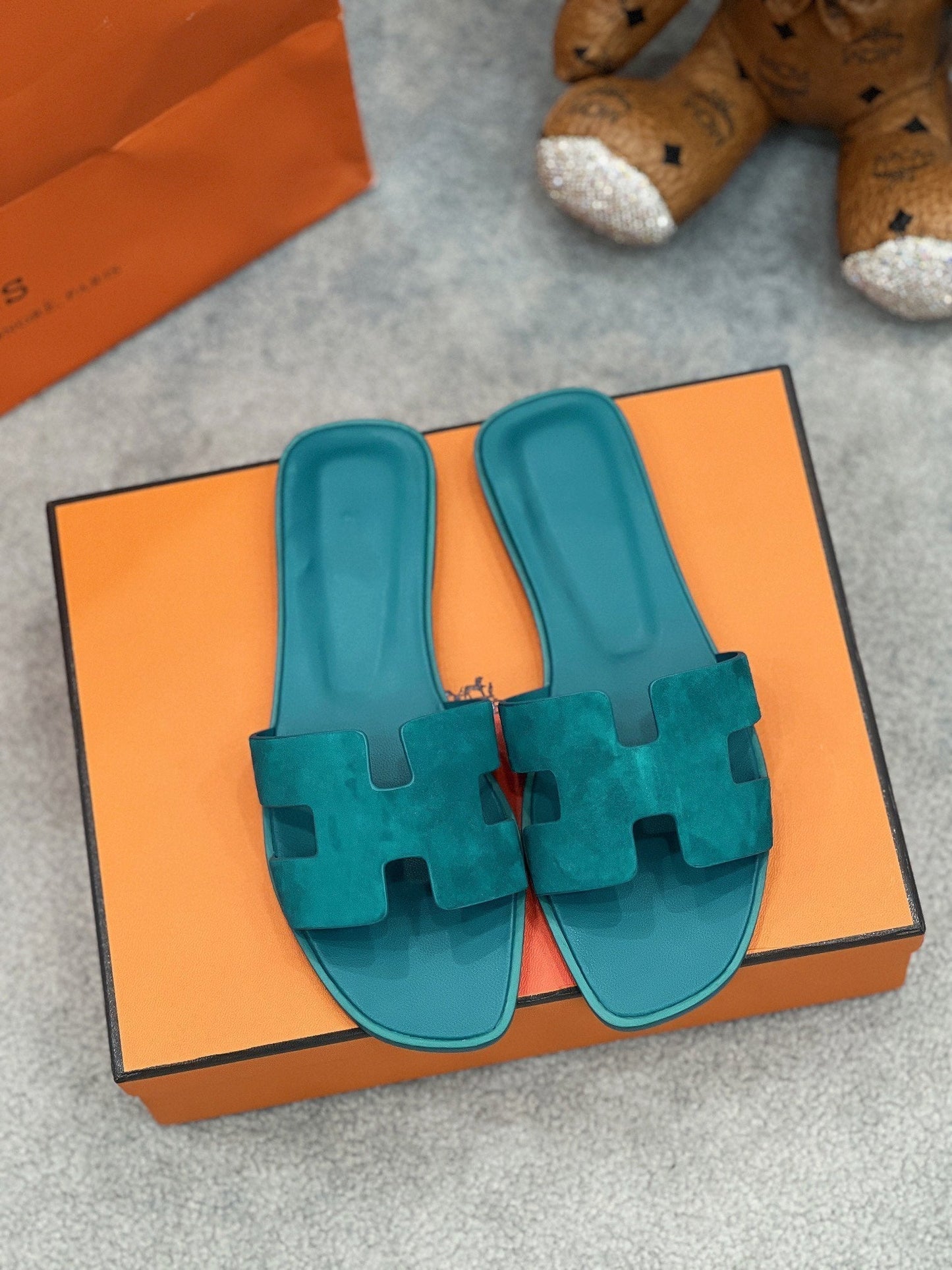 0ran sandal teal blue suede goatskin