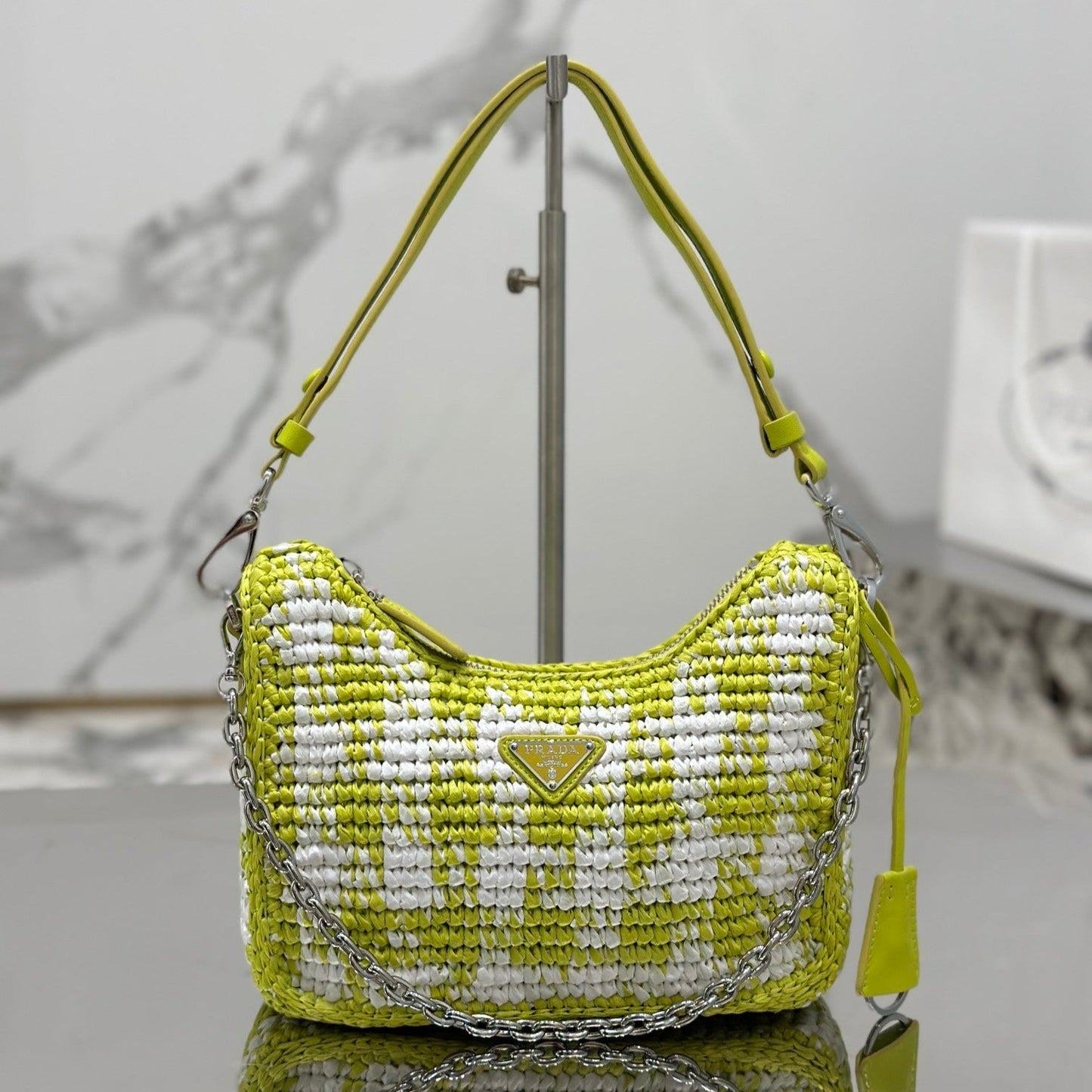 CROCHET HOBO BAG 22 IN VOLT GREEN MIX WHITE RAFFIA SILVER HARDWARE