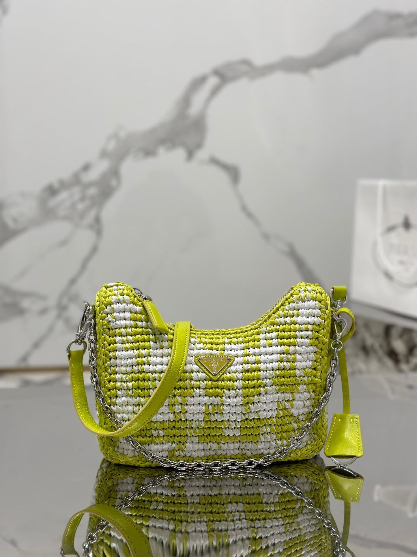 CROCHET HOBO BAG 22 IN VOLT GREEN MIX WHITE RAFFIA SILVER HARDWARE