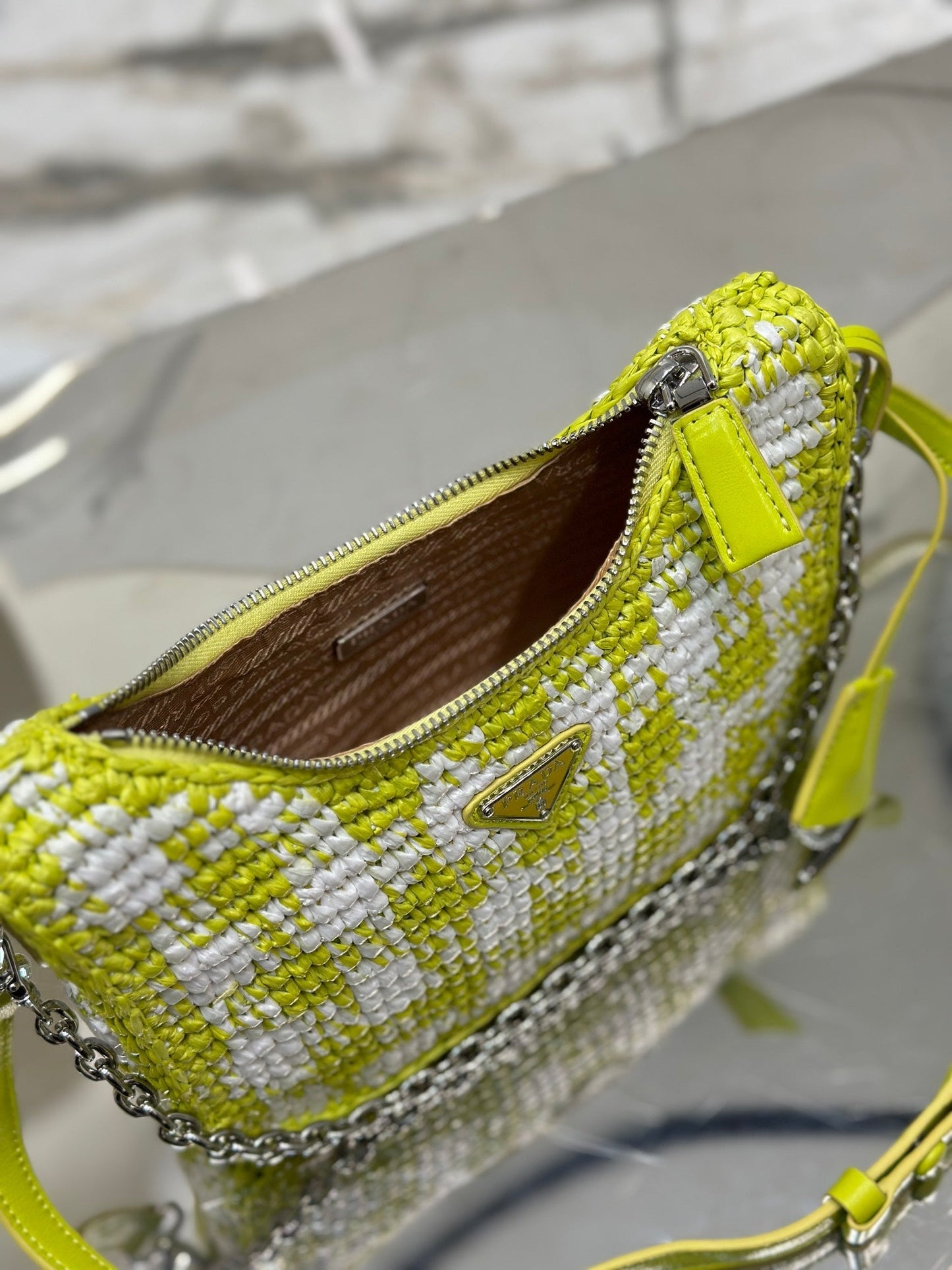 CROCHET HOBO BAG 22 IN VOLT GREEN MIX WHITE RAFFIA SILVER HARDWARE