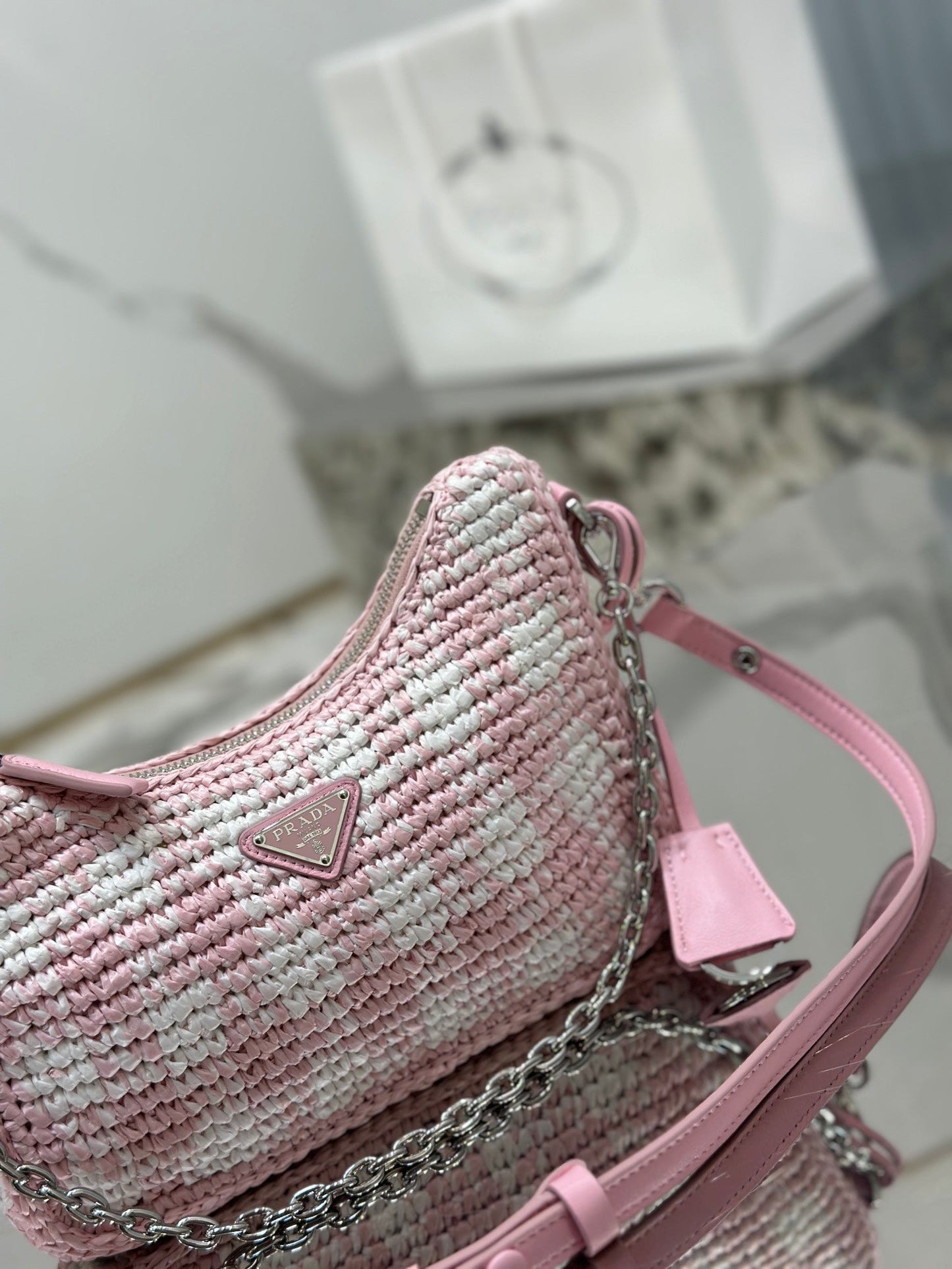 CROCHET HOBO BAG 22 IN PINK MIX WHITE RAFFIA SILVER HARDWARE