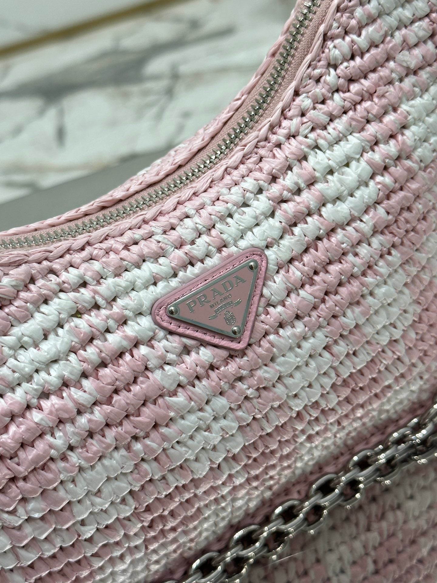 CROCHET HOBO BAG 22 IN PINK MIX WHITE RAFFIA SILVER HARDWARE