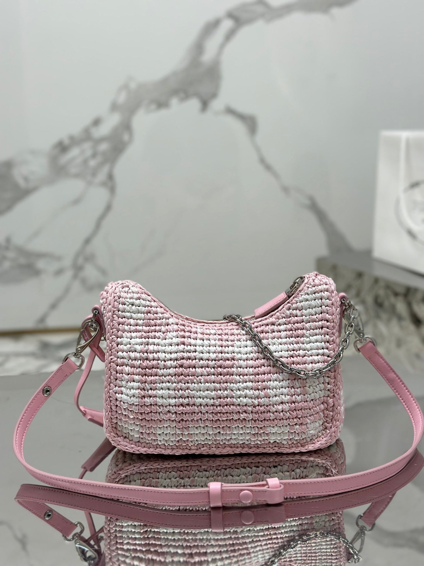 CROCHET HOBO BAG 22 IN PINK MIX WHITE RAFFIA SILVER HARDWARE