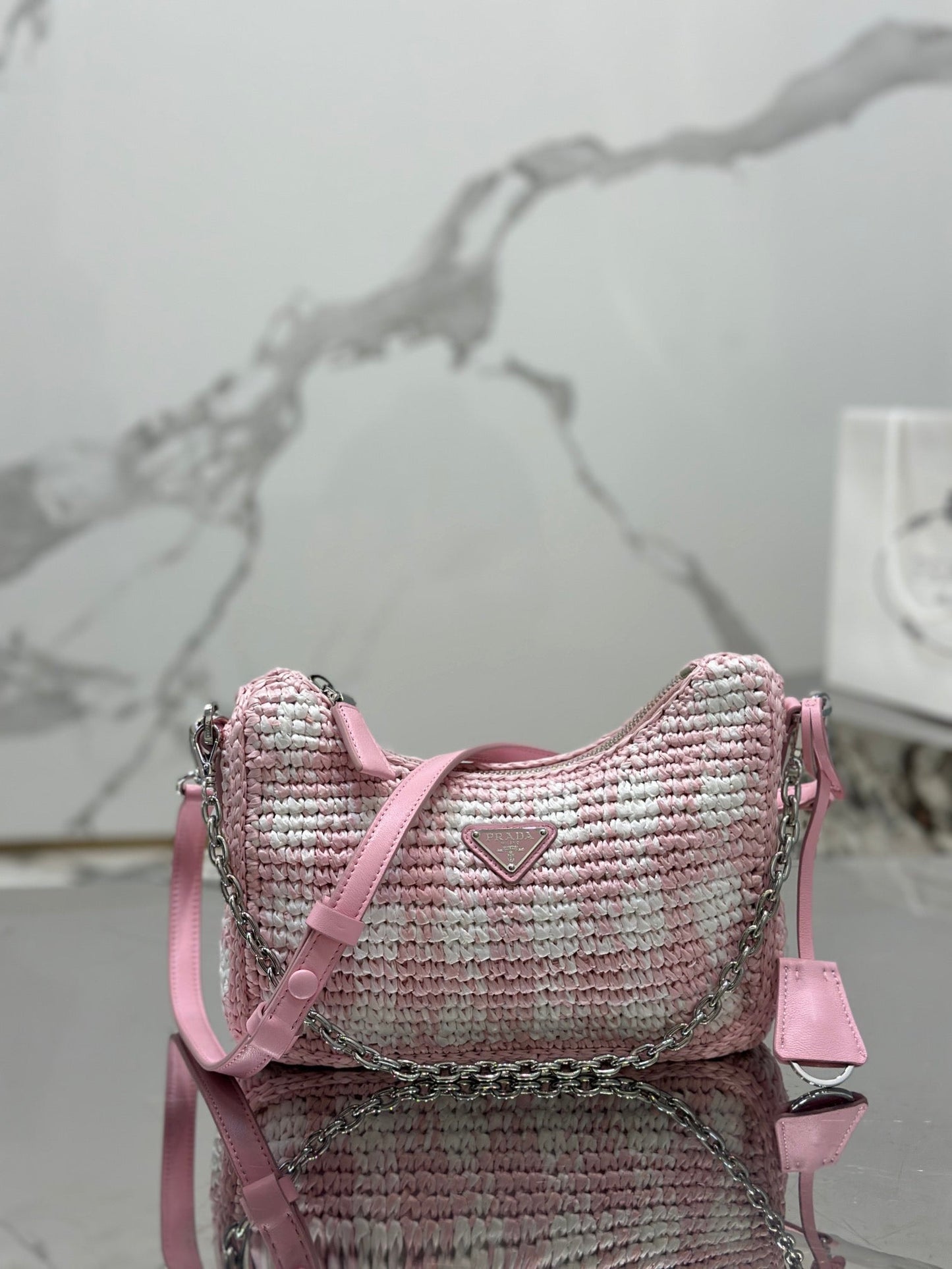 CROCHET HOBO BAG 22 IN PINK MIX WHITE RAFFIA SILVER HARDWARE