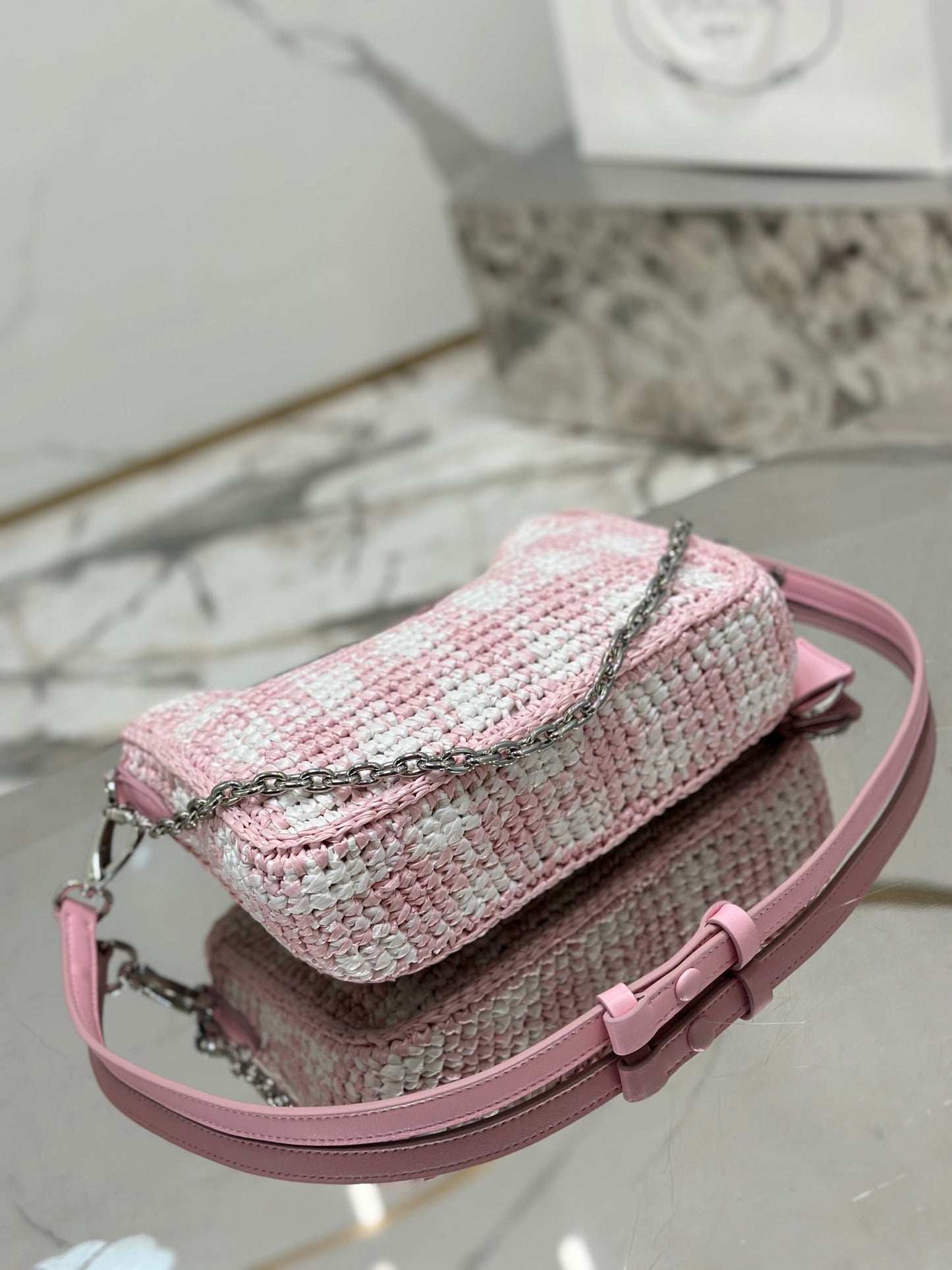 CROCHET HOBO BAG 22 IN PINK MIX WHITE RAFFIA SILVER HARDWARE