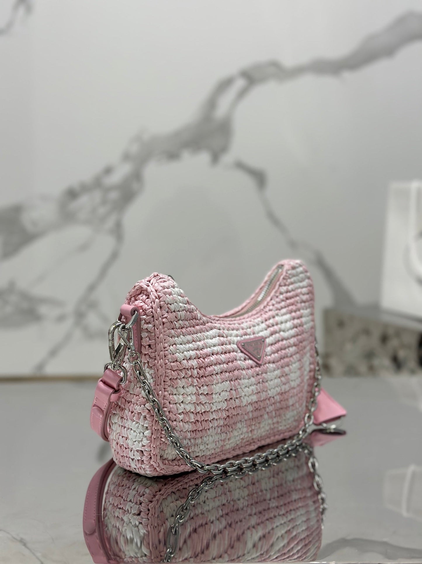 CROCHET HOBO BAG 22 IN PINK MIX WHITE RAFFIA SILVER HARDWARE