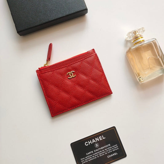 CC ZIPPED CARD HOLDER 11.5 RED GRAINED CALFSKIN GOLD ICON