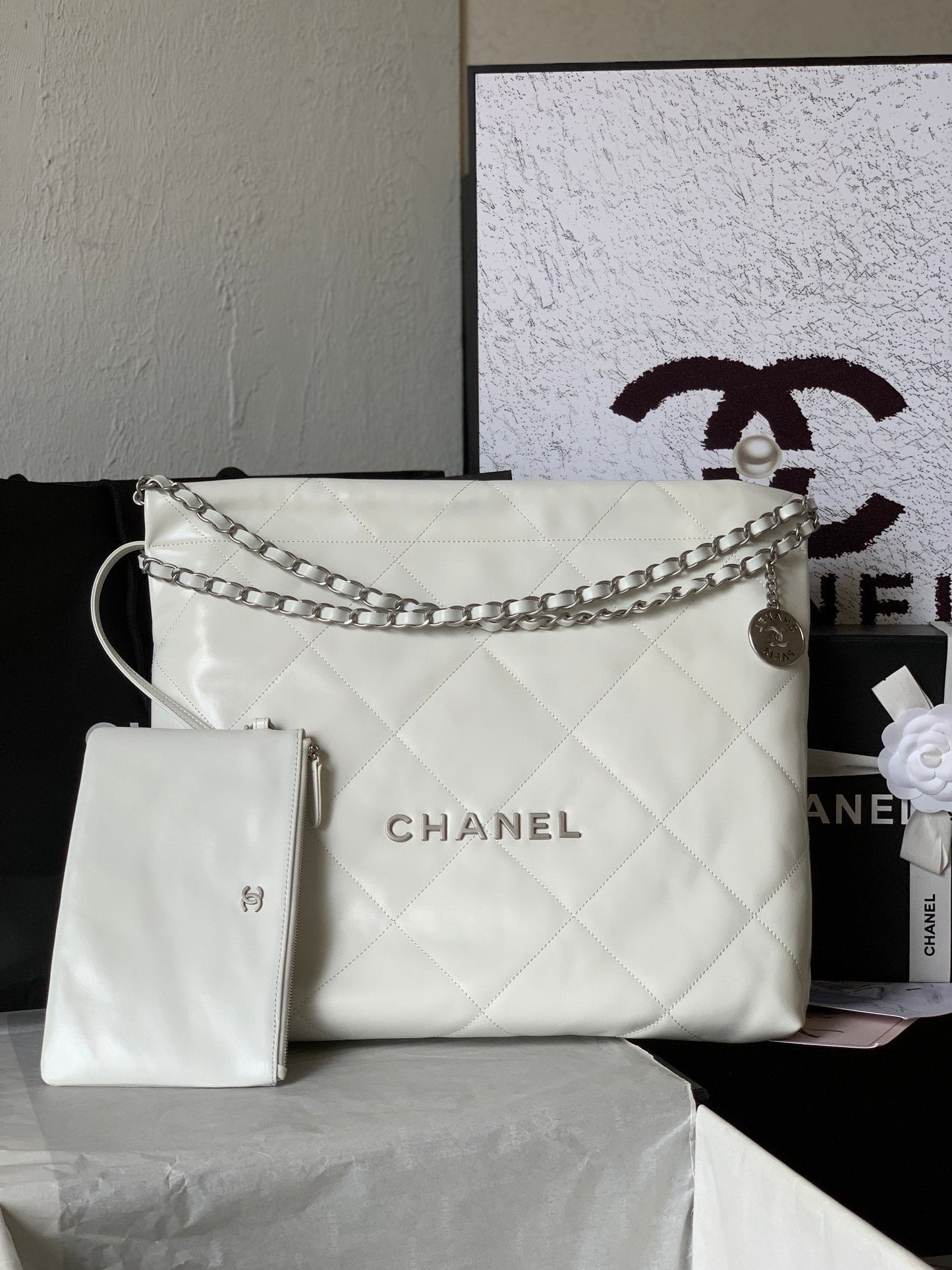 cc 22 hobo white calfskin silver hardware