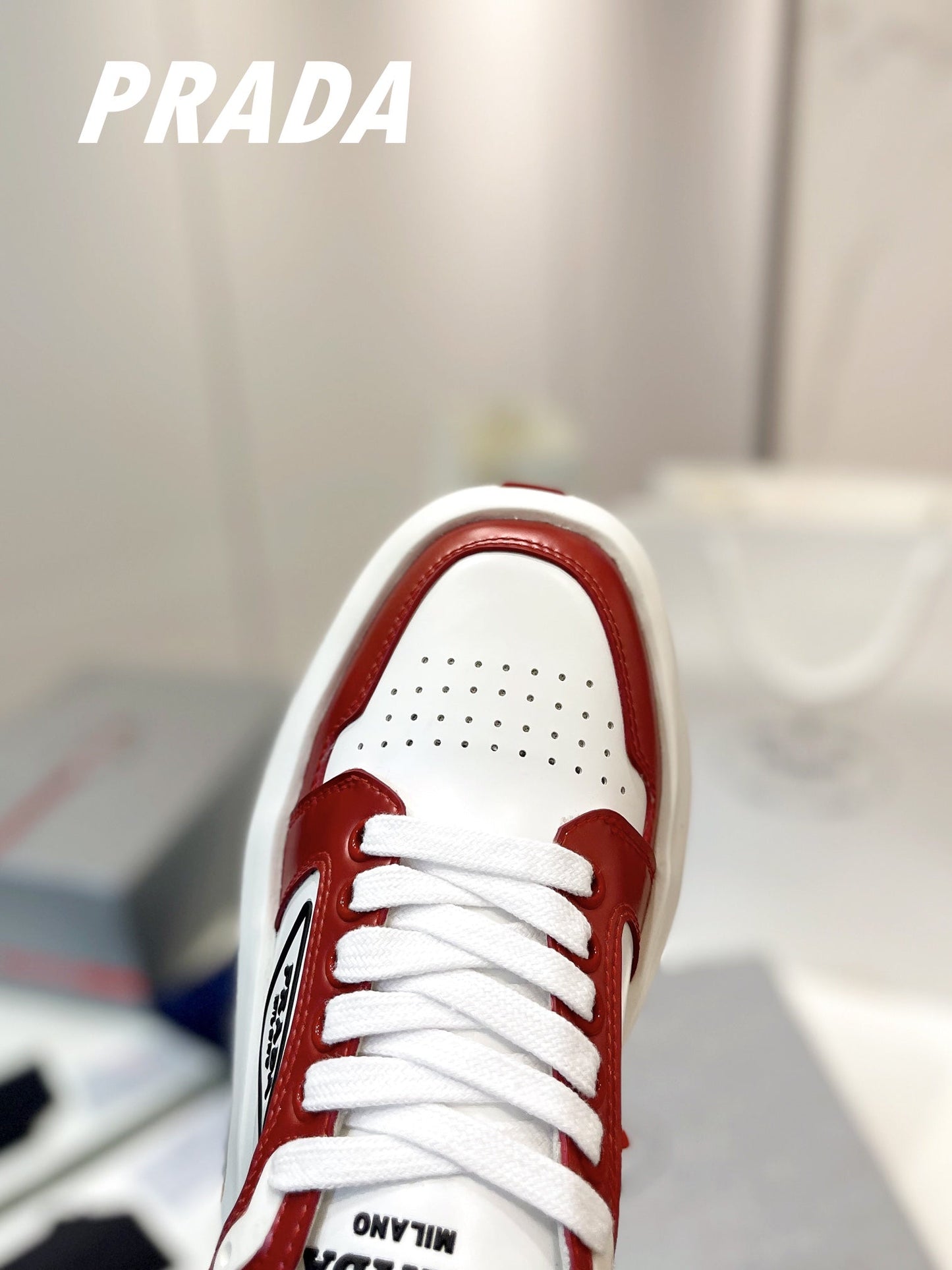 PRA DOWNTOWN THICK-SOLE SNEAKERS WHITE AND CHERRY CALFSKIN