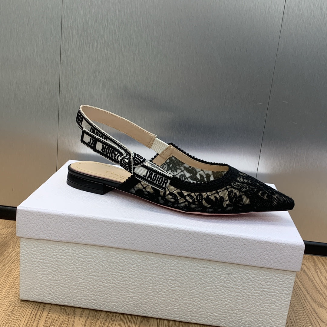 JAdior slingback flat transparent mesh embroidered black butterfly motif