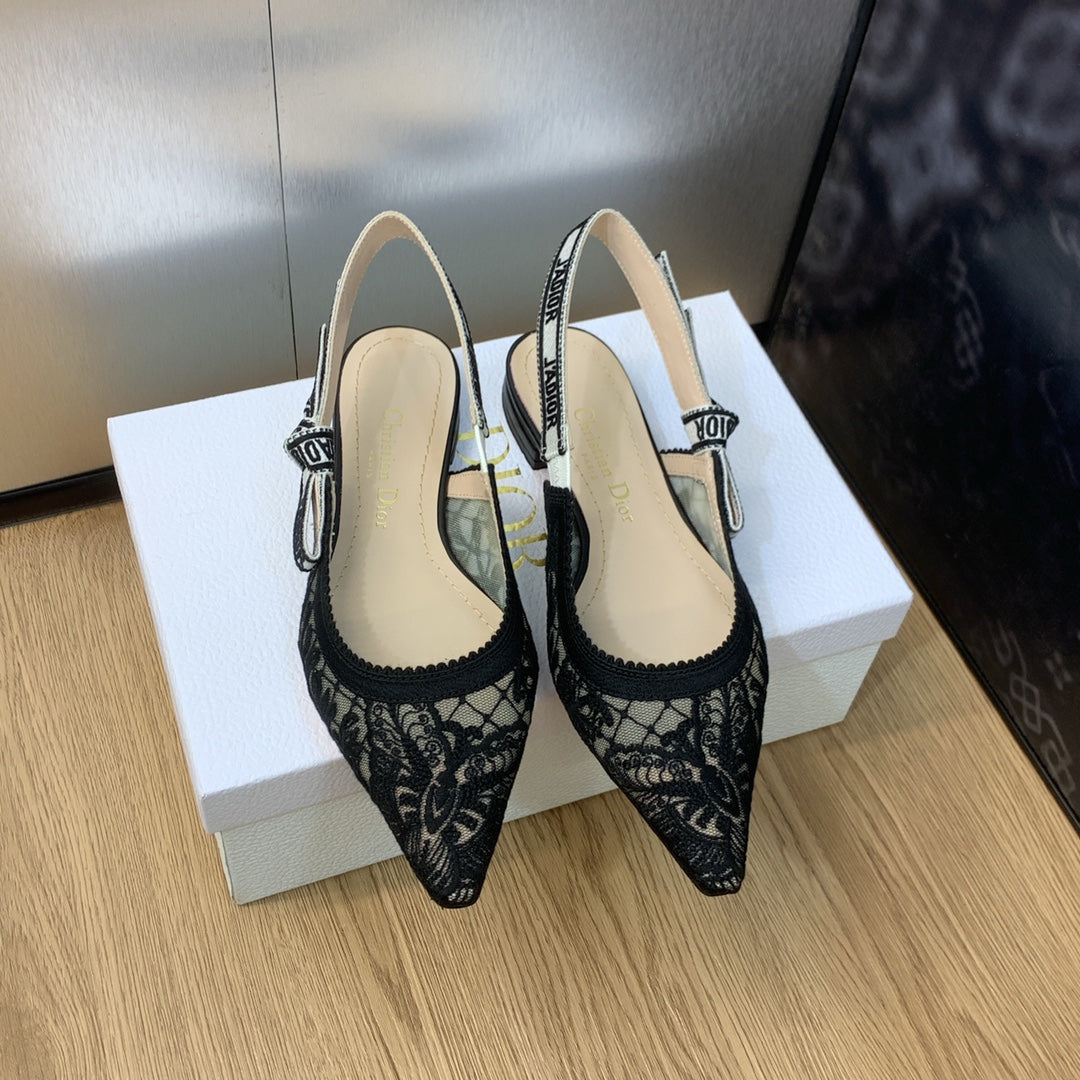 JAdior slingback flat transparent mesh embroidered black butterfly motif