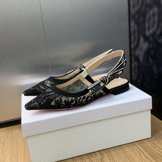 JAdior slingback flat transparent mesh embroidered black butterfly motif