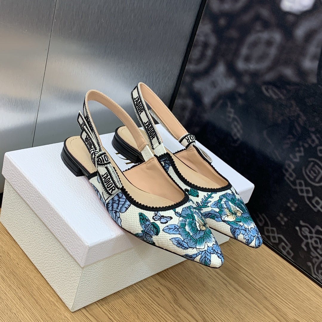 JAdior Slingback Flat Pastel Midnight Blue Multicolor Embroidered Cotton with Toile de Jouy Mexico Motif