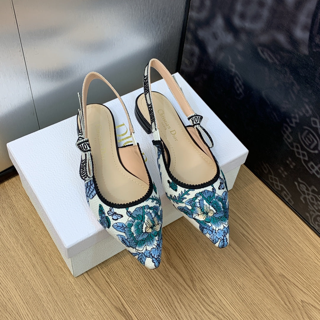 JAdior Slingback Flat Pastel Midnight Blue Multicolor Embroidered Cotton with Toile de Jouy Mexico Motif