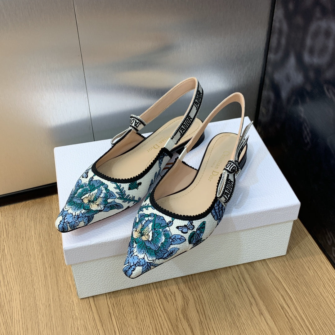 JAdior Slingback Flat Pastel Midnight Blue Multicolor Embroidered Cotton with Toile de Jouy Mexico Motif