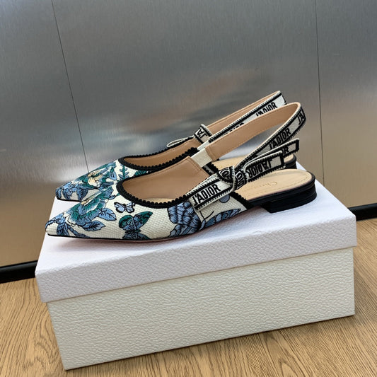 JAdior Slingback Flat Pastel Midnight Blue Multicolor Embroidered Cotton with Toile de Jouy Mexico Motif