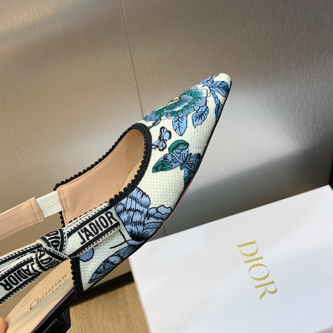 JAdior Slingback Flat Pastel Midnight Blue Multicolor Embroidered Cotton with Toile de Jouy Mexico Motif