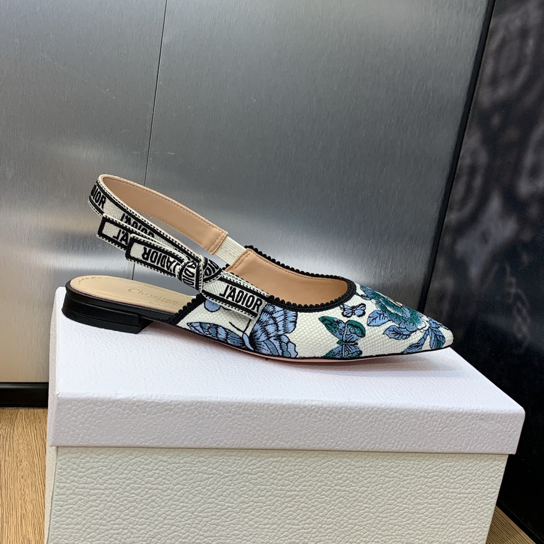 JAdior Slingback Flat Pastel Midnight Blue Multicolor Embroidered Cotton with Toile de Jouy Mexico Motif