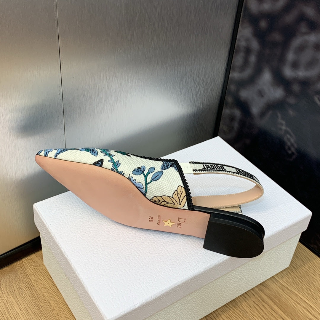 JAdior Slingback Flat Pastel Midnight Blue Multicolor Embroidered Cotton with Toile de Jouy Mexico Motif