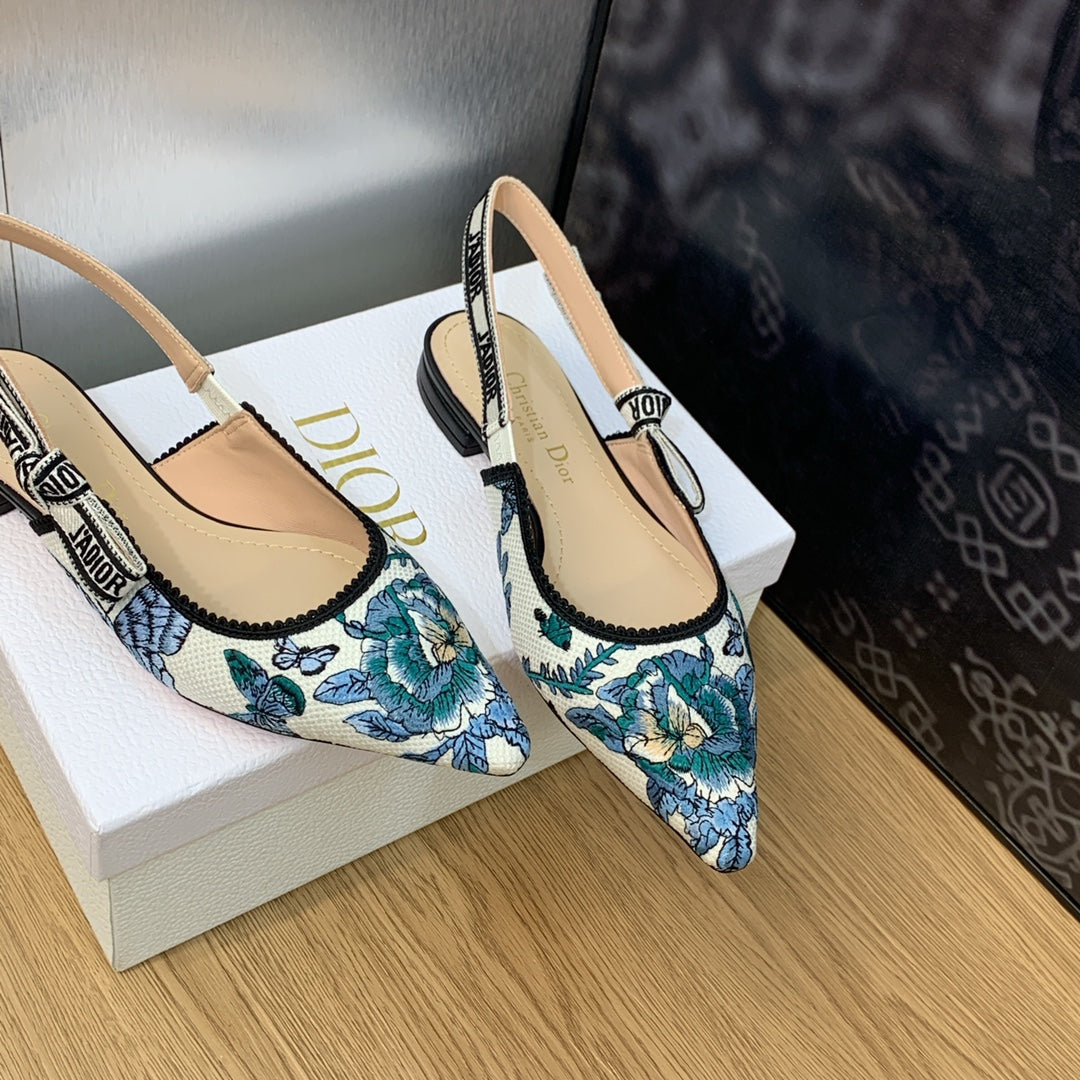 JAdior Slingback Flat Pastel Midnight Blue Multicolor Embroidered Cotton with Toile de Jouy Mexico Motif