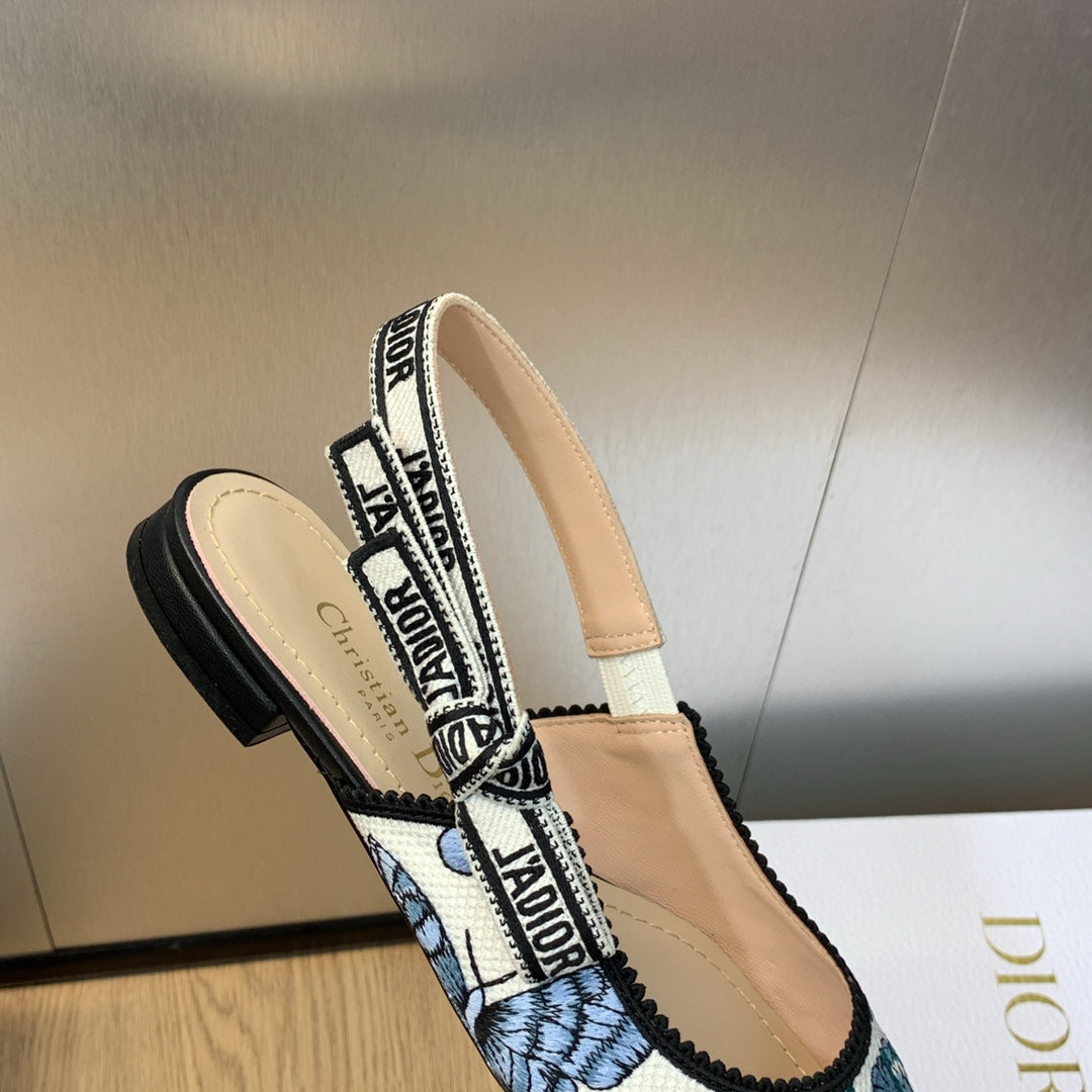 JAdior Slingback Flat Pastel Midnight Blue Multicolor Embroidered Cotton with Toile de Jouy Mexico Motif