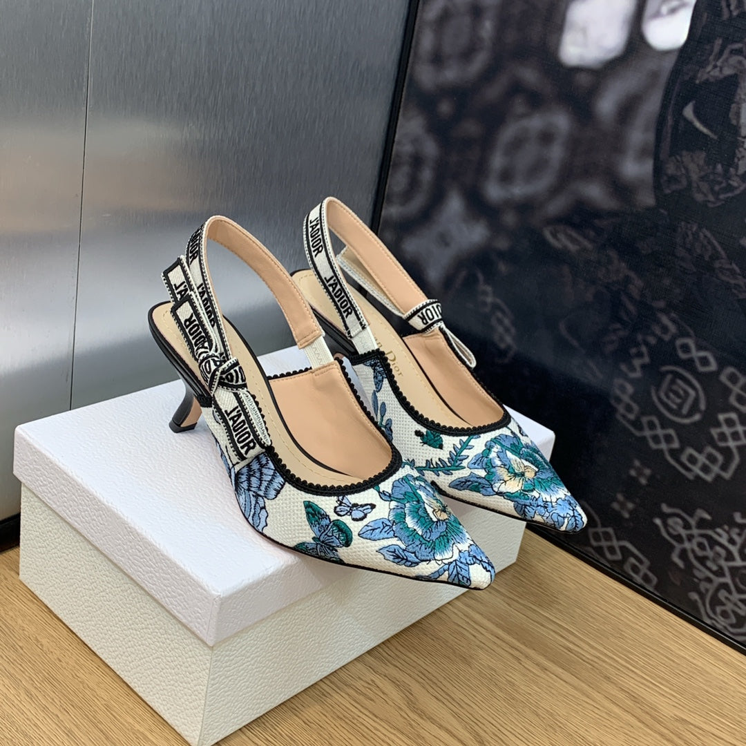 JAdior Slingback Pump 65 Pastel Midnight Blue Multicolor Embroidered Cotton with Toile de Jouy Mexico Motif