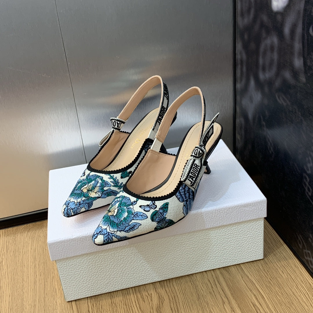 JAdior Slingback Pump 65 Pastel Midnight Blue Multicolor Embroidered Cotton with Toile de Jouy Mexico Motif