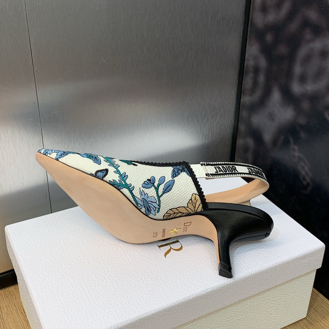 JAdior Slingback Pump 65 Pastel Midnight Blue Multicolor Embroidered Cotton with Toile de Jouy Mexico Motif