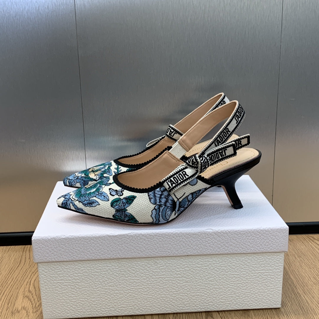 JAdior Slingback Pump 65 Pastel Midnight Blue Multicolor Embroidered Cotton with Toile de Jouy Mexico Motif