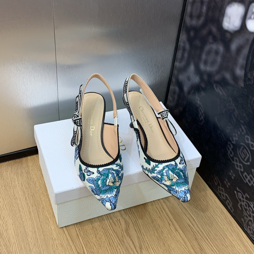 JAdior Slingback Pump 65 Pastel Midnight Blue Multicolor Embroidered Cotton with Toile de Jouy Mexico Motif